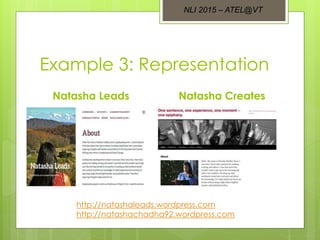Example 3: Representation
Natasha Leads Natasha Creates
http://natashaleads.wordpress.com
http://natashachadha92.wordpress.com
NLI 2015 – ATEL@VT
 