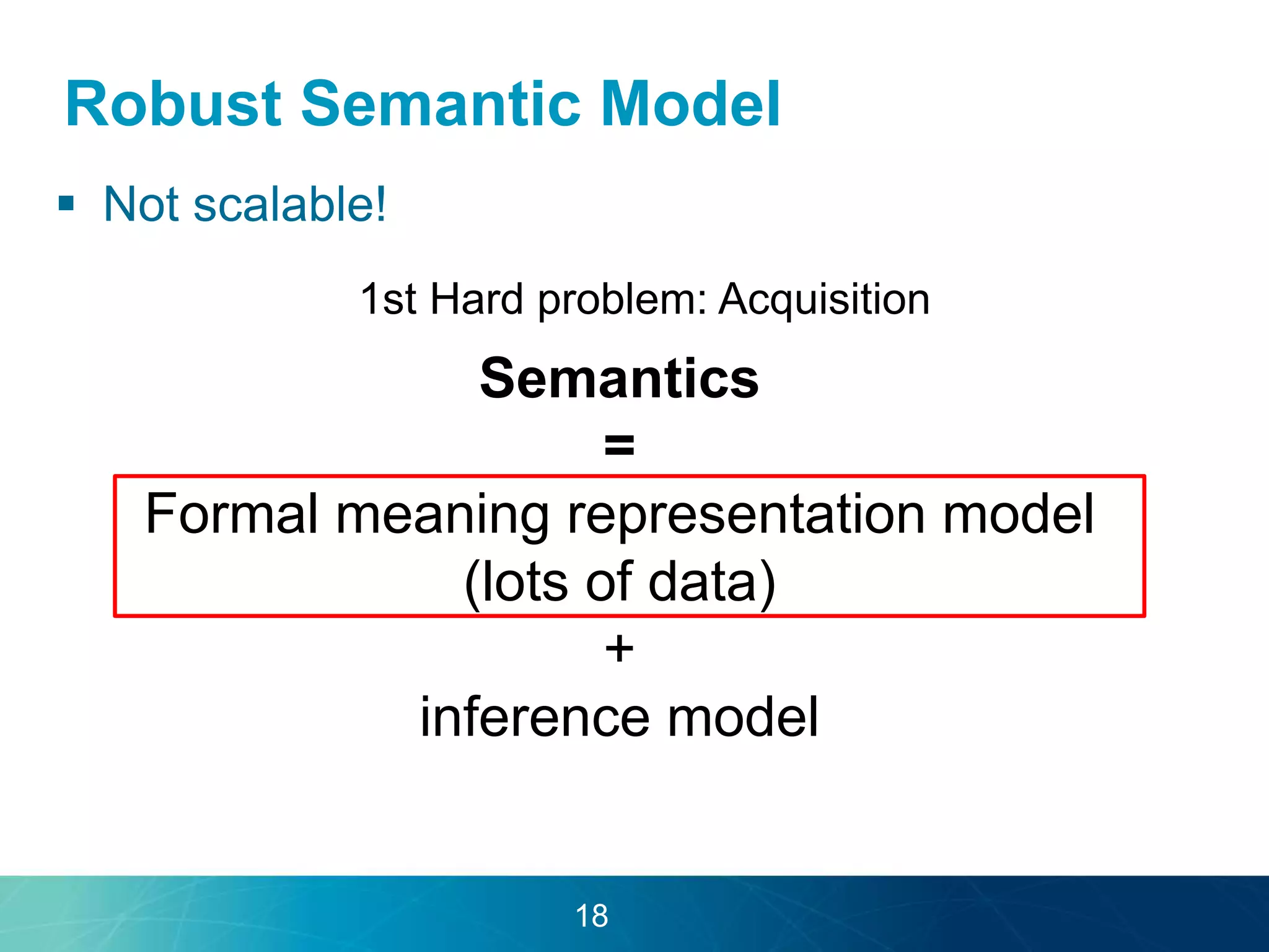 Robust Semantic Model 
 Not scalable! 
1st Hard problem: Acquisition 
Semantics 
= 
Formal meaning representation model 
(lots of data) 
+ 
inference model 
18 
 