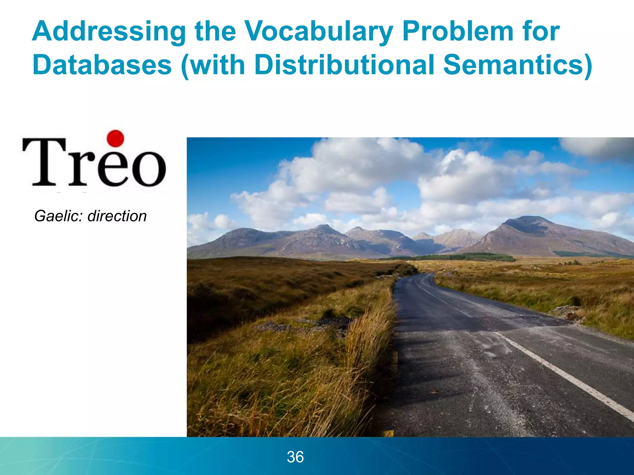 Addressing the Vocabulary Problem for 
Databases (with Distributional Semantics) 
Gaelic: direction 
36 
 