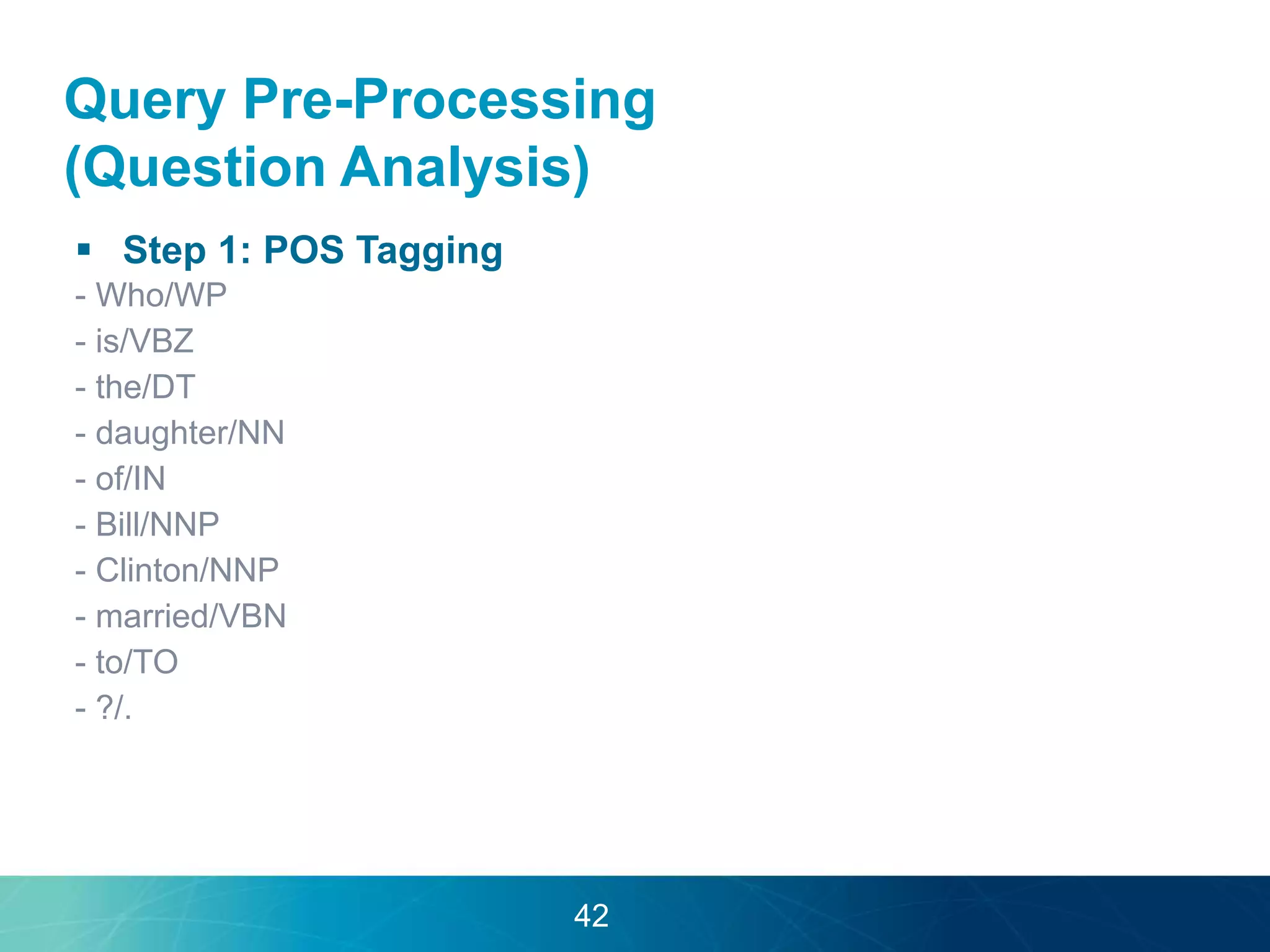 Query Pre-Processing 
(Question Analysis) 
 Step 1: POS Tagging 
- Who/WP 
- is/VBZ 
- the/DT 
- daughter/NN 
- of/IN 
- Bill/NNP 
- Clinton/NNP 
- married/VBN 
- to/TO 
- ?/. 
42 
 