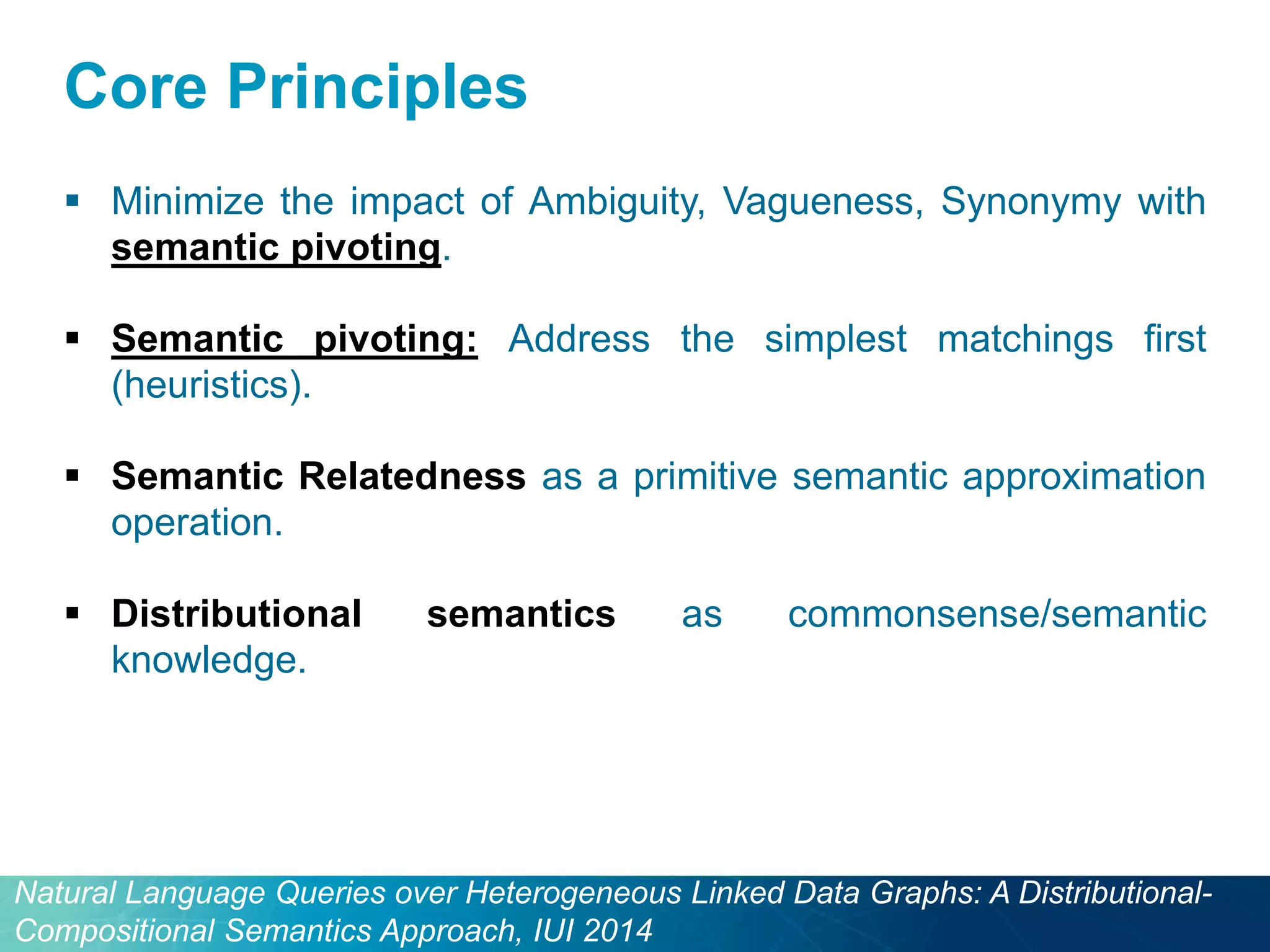 Core Principles 
 Minimize the impact of Ambiguity, Vagueness, Synonymy with 
semantic pivoting. 
 Semantic pivoting: Address the simplest matchings first 
(heuristics). 
 Semantic Relatedness as a primitive semantic approximation 
operation. 
 Distributional semantics as commonsense/semantic 
knowledge. 
Natural Language Queries over Heterogeneous Linked Data Graphs: A Distributional- 
Compositional Semantics Approach, IUI 2014 
 