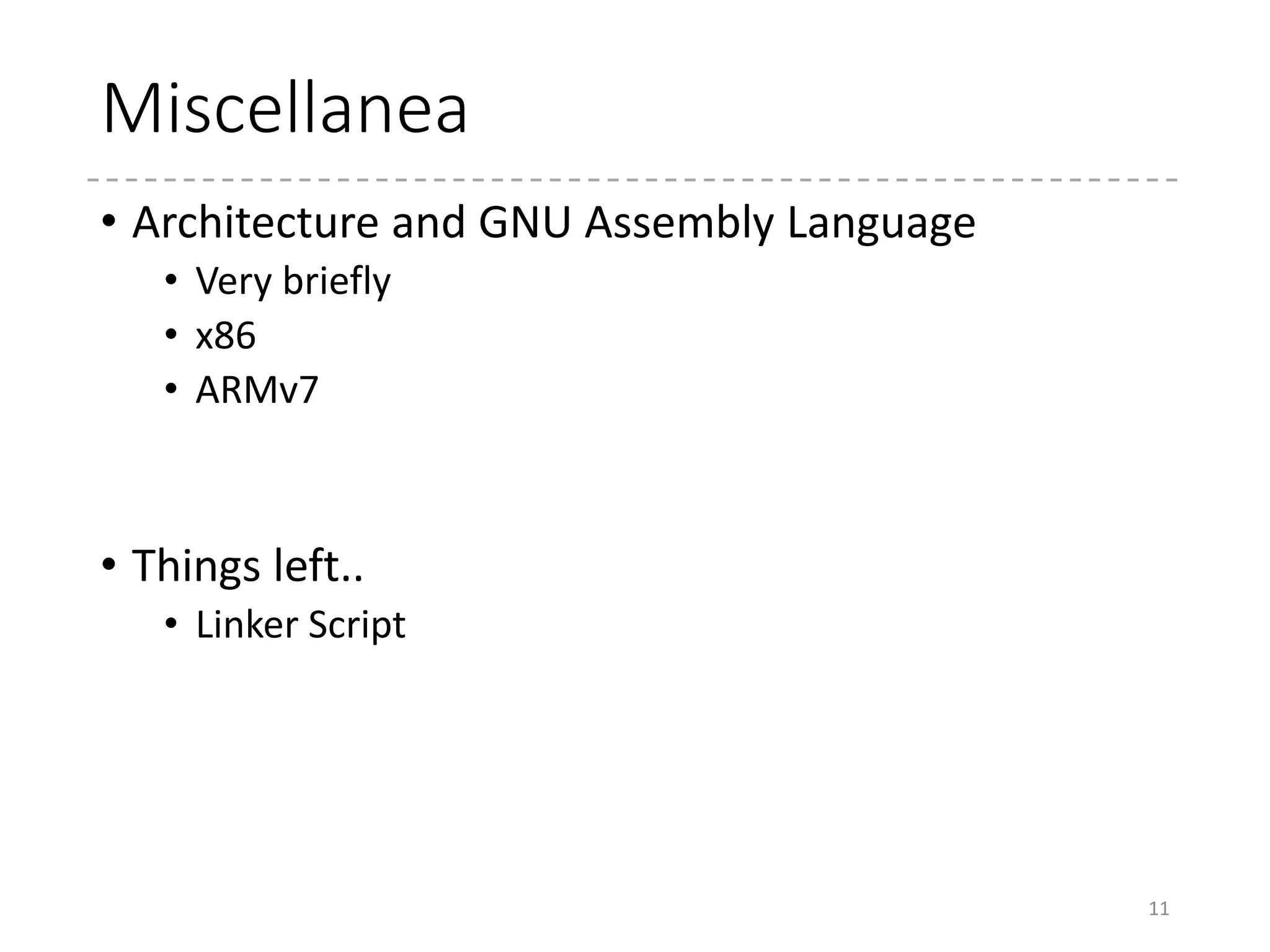 x86 Architecture : Mode
• Too complicated to explain
• 3 Modes
• Real mode
• 16 bit mode
• No mode switch (always privileged)
• No virtual memory (Segmentation only)
• Protected mode
• 32 bit mode
• Segmentation / Virtual memory
• (Virtual 8086 mode)
• Compatibility for executing 16-bit code in 32-bit mode
• Long mode
• 64 bit mode
• Virtual memory only
• (Another mode “,compatibility mode,” for executing 32-bit code)
• What is this bit?
• Size of the virtual address
• Default size of the operand registers (*)
11
(*) Of course, you can
use %al in 32-bit mode, %ax
in 64-bit mode…
 