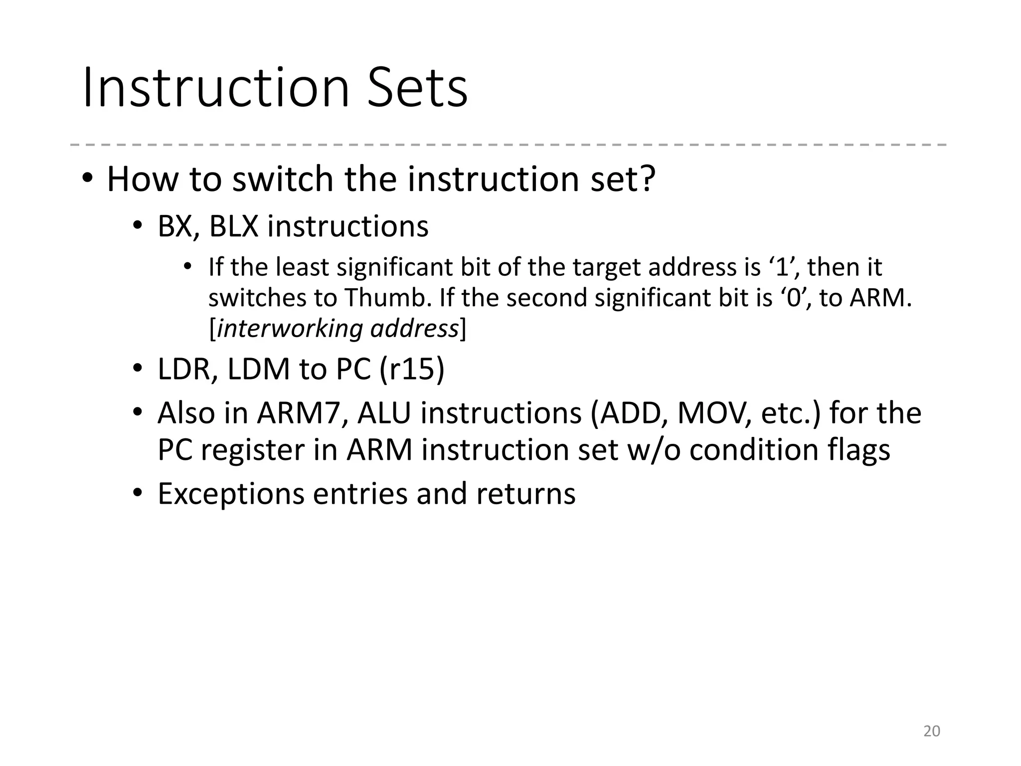 ARM architecture – Misc.
• Mode
• User, Supervisor, FIQ, etc.
• Paging, Interrupts
• Conditional Instructions
• Etc.
20
 