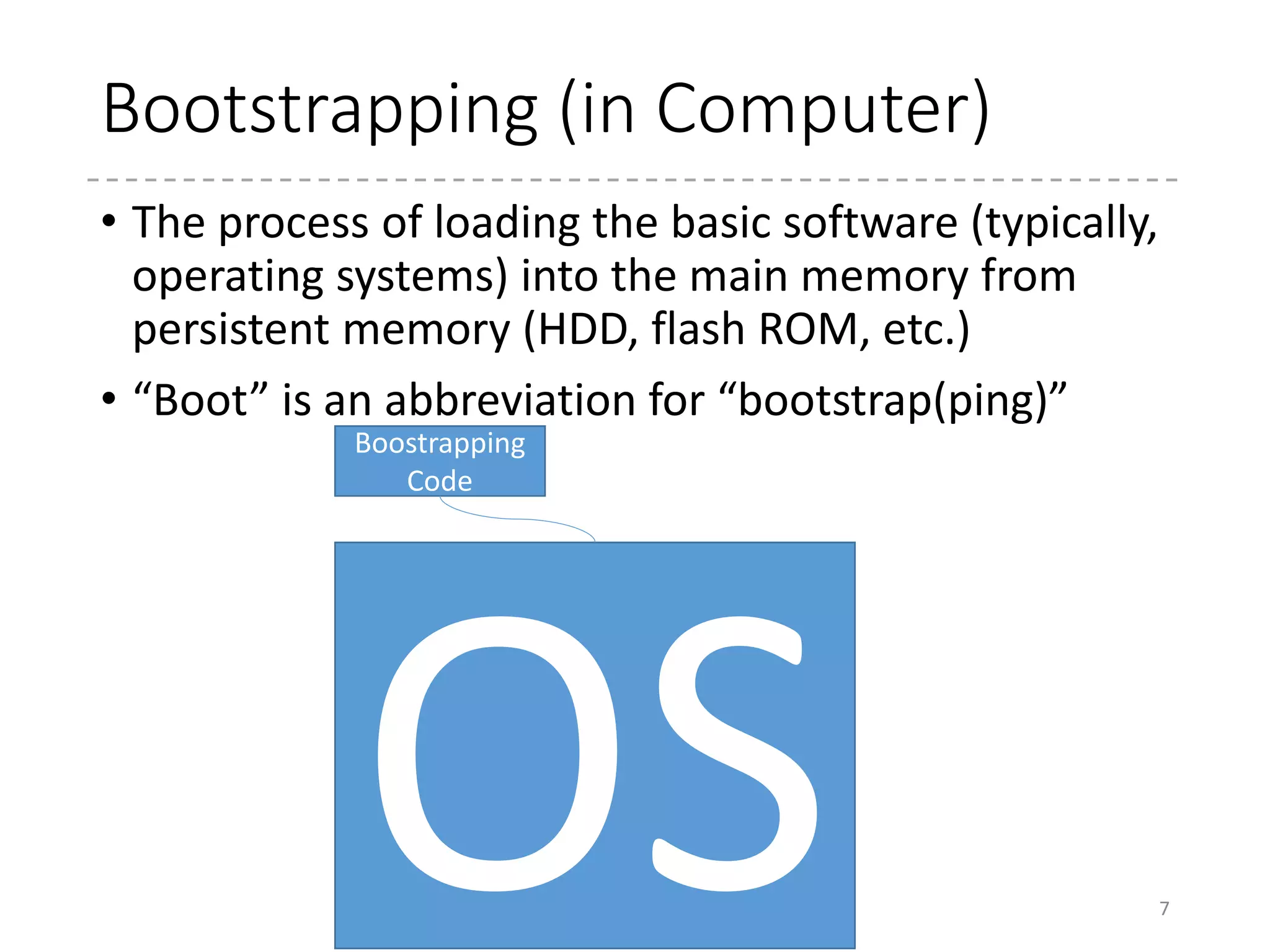 Boot loader
• “It is responsible for loading and transferring control to the
operating system kernel software (such as the Hurd or Linux).”[4]
• Boot loader
• BIOS (PC)
• UEFI (Universal Extensible Firmware Interface) (PC)
• “Secure Boot” issue
• Das U-Boot (Universal bootloader) (for embedded systems)
• Second-stage boot loader
• LILO (Linux Loader, Ver. 24.0, Released on Jun 7, 2013)
• Supports GPT and RAID (!?)
• GRUB2 (Ver. 2.00, Jun 26, 2012)
• Supports BIOS and UEFI boot
• GRUB Legacy (Grand Unified Boot Loader, Ver. 0.97, May 8, 2005)
• ELILO (EFI Linux Boot Loader, Ver 3.16, Mar 29, 2013)
• Originally for EFI and Itanium; currently bug fix only
• SYSLINUX (Ver. 6.02, Oct 13, 2013)
• NTLDR, BOOTMGR (beginning from Windows Vista)
7
[4] http://www.gnu.org/software/grub/
 