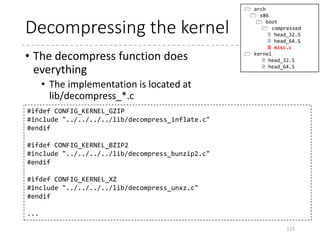 Choosing the destination
• The choose_kernel_location function
• If KASLR is enabled, it computes some random output
address (aslr.c)
• Otherwise, it just returns the output parameter
115
 