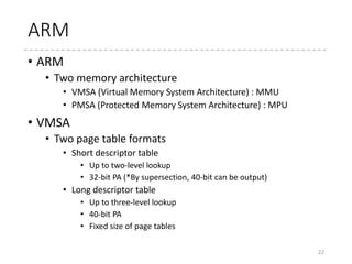 Linux kernel usage
• Large Page
• The kernel mapping
• The kernel creates straight-mapping of physical memory in the
kernel virtual address area
• This area is created in booting, and never changes after that
• 1GB, 2MB pages are used
• Hugetlbfs
• Explicit use from user applications
• Transparent Huge Pages
• Implicit (transparent) use of large pages for user applications
22
 