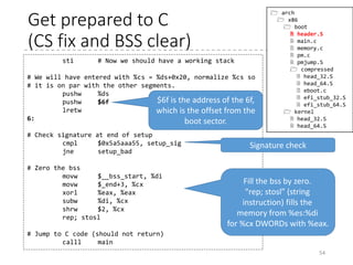 In other words,
• Set the stack segment as the same as %DS
• Allocate
512-byte for
the stack
54
unsigned short stack;
if (%ds != %ss) {
if (hdr.loadflags & CAN_USE_HEAP) {
stack = hdr.heap_end_ptr + STACK_SIZE;
} else {
stack = _end + STACK_SIZE;
}
if (carried over) { /* stack >= 0x10000 */
stack = 0;
}
}
/* Align to 4-byte */
stack &= ~3;
if (stack == 0)
stack = 0xfffc; /* – 4 */
%ss = %ds;
%esp = stack;
 