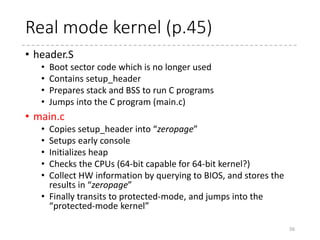 [Column] Calling conventions
• 16 bit (name unknown)
• Arguments: %ax, %dx, %cx
• Return value: %ax
• 32 bit (cdecl)
• Arguments: pushed on the stack (in the reversed order of the
arguments)
• Caller-saved: %eax, %ecx, and %edx
• Callee-saved: the others
• Return value: %eax (for int)
• 64 bit (amd64)
• Arguments: %rdi, %rsi, %rdx, %rcx, %r8, %r9
• Caller-saved: the others than callee-saved.
• Callee-saved: %rbp, %rbx, %r12 to %r15
• Return value: %eax
56
f(2, 5, 9, 11);
11
9
5
2
(return address)
stack
 