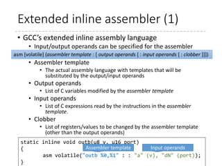 Go To PM: Detail (8)
84
.code32
.section ".text32","ax"
GLOBAL(in_pm32)
# Set up data segments for flat 32-bit mode
movl %ecx, %ds
movl %ecx, %es
movl %ecx, %fs
movl %ecx, %gs
movl %ecx, %ss
...
addl %ebx, %esp
...
ltr %di
...
xorl %ecx, %ecx
xorl %edx, %edx
xorl %ebx, %ebx
xorl %ebp, %ebp
xorl %edi, %edi
...
lldt %cx
...
jmpl *%eax
ENDPROC(in_pm32)
 arch
 x86
 boot
 header.S
 main.c
 memory.c
 pm.c
 pmjump.S
 compressed
 head_32.S
 head_64.S
 eboot.c
 efi_stub_32.S
 efi_stub_64.S
 kernel
 head_32.S
 head_64.S
protected_mode_jump(boot_params.hdr.code32_start,
(u32)&boot_params + (ds() << 4));
* (Omitted)
Task register and LDT (Local
Descriptor Table)
 