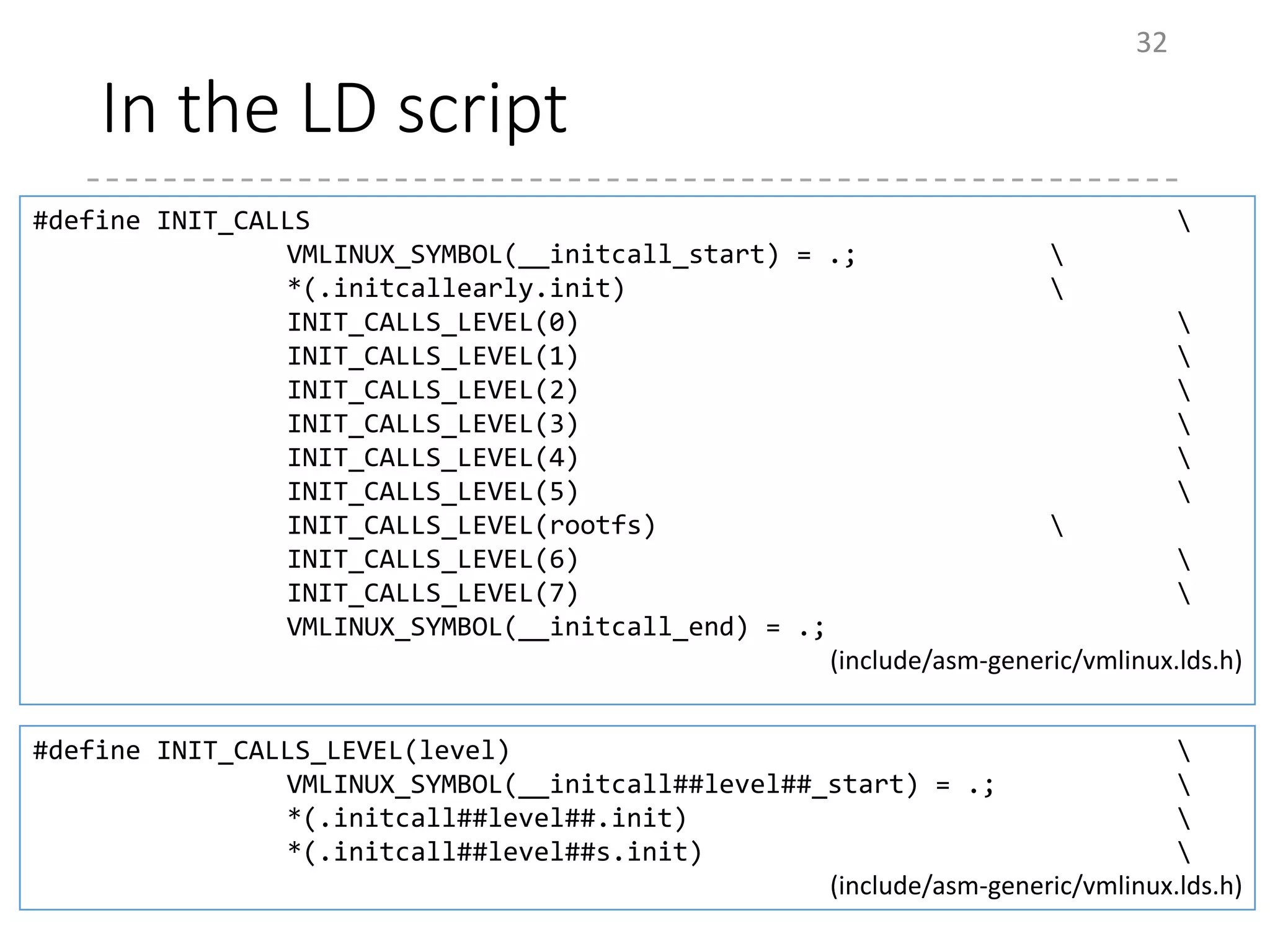 In the LD script
32
#define INIT_CALLS 
VMLINUX_SYMBOL(__initcall_start) = .; 
*(.initcallearly.init) 
INIT_CALLS_LEVEL(0) 
INIT_CALLS_LEVEL(1) 
INIT_CALLS_LEVEL(2) 
INIT_CALLS_LEVEL(3) 
INIT_CALLS_LEVEL(4) 
INIT_CALLS_LEVEL(5) 
INIT_CALLS_LEVEL(rootfs) 
INIT_CALLS_LEVEL(6) 
INIT_CALLS_LEVEL(7) 
VMLINUX_SYMBOL(__initcall_end) = .;
(include/asm-generic/vmlinux.lds.h)
#define INIT_CALLS_LEVEL(level) 
VMLINUX_SYMBOL(__initcall##level##_start) = .; 
*(.initcall##level##.init) 
*(.initcall##level##s.init) 
(include/asm-generic/vmlinux.lds.h)
 