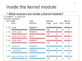 Inside the kernel module
• What sections are inside a kernel module?
8
$ readelf –a hello.ko
Section Headers:
[Nr] Name Type Address Offset
Size EntSize Flags Link Info Align
…
[ 2] .text PROGBITS 0000000000000000 00000064
0000000000000000 0000000000000000 AX 0 0 1
[ 3] .init.text PROGBITS 0000000000000000 00000064
0000000000000016 0000000000000000 AX 0 0 1
[ 4] .rela.init.text RELA 0000000000000000 000009c0
0000000000000030 0000000000000018 16 3 8
[ 5] .exit.text PROGBITS 0000000000000000 0000007a
0000000000000006 0000000000000000 AX 0 0 1
…
[ 7] .modinfo PROGBITS 0000000000000000 00000091
00000000000000c1 0000000000000000 A 0 0 1
[ 8] __versions PROGBITS 0000000000000000 00000160
0000000000000080 0000000000000000 A 0 0 32
…
[18] .gnu.linkonce.thi PROGBITS 0000000000000000 00000280
0000000000000260 0000000000000000 WA 0 0 32
 