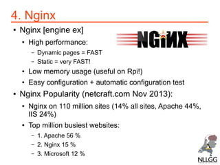 4. Nginx – Configuration
pi@rpi ~ $ sudo nano /etc/nginx/nginx.conf
user www­data;
worker_processes 1; # same as number of...