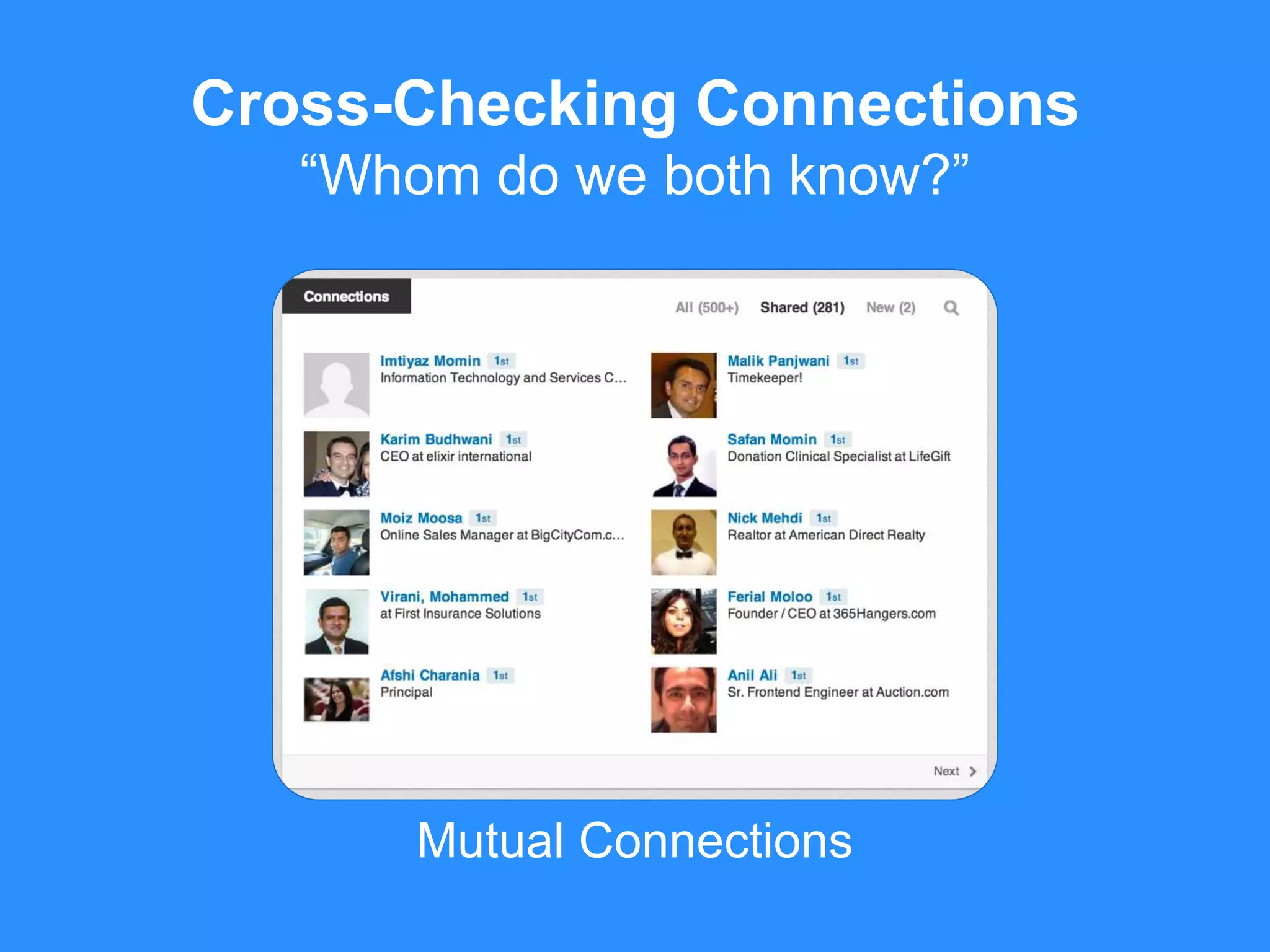 Mutual Connections
Cross-Checking Connections
“Whom do we both know?”
 