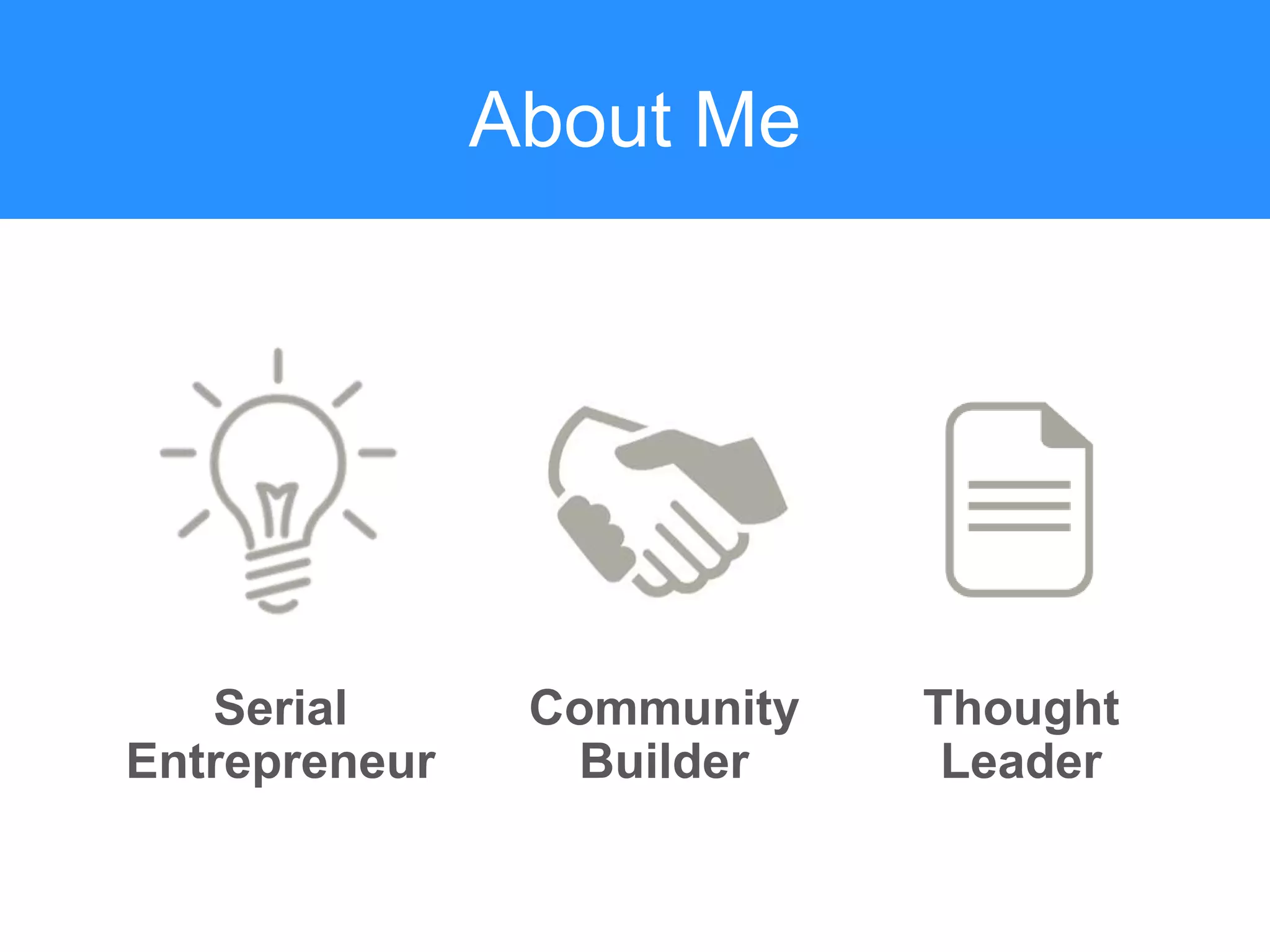 About Me
Serial
Entrepreneur
Community
Builder
Thought
Leader
 