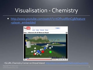 Visualisation - Chemistry<br />http://www.youtube.com/watch?v=tOfhuoRbnCg&feature=player_embedded<br /><ul><li>SLURL Chemi...