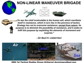 NON-LINEAR MANEUVER BRIGADE



     "In war the chief incalculable is the human will, which manifests
      itself in resistance, which in turn lies in the province of tactics.
     Strategy has not to overcome resistance, except from nature. Its
    purpose is to diminish the possibility of resistance, and it seeks to
      fulfil this purpose by exploiting the elements of movement and
                                   surprise."

                         --Sir Basil H. Liddell-Hart


 Air
                           Land
                                                                 Sea
2004 1st Tactical Studies Group (Airborne) dynmicpara@aol.com
 