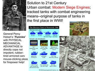 Solution to 21st Century
                   Urban combat: Modern Siege Engines;
                   tracked tanks with combat engineering
                   means--original purpose of tanks in
                   the first place in WWI!


General Percy
Hobart’s “Funnies”
with PHYSICAL
MECHANICAL
ADVANTAGE to
directly cope not
impotent, rubber-
tired armored cars
mouse-clicking pleas
for firepower help!
 