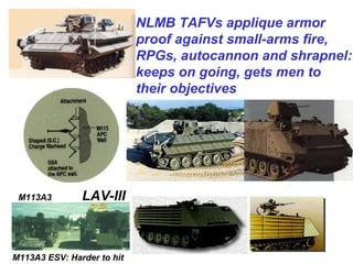NLMB TAFVs applique armor
                            proof against small-arms fire,
                            RPGs, autocannon and shrapnel:
                            keeps on going, gets men to
                            their objectives




 M113A3        LAV-III



M113A3 ESV: Harder to hit
 