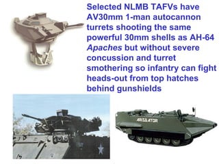 Selected NLMB TAFVs have
AV30mm 1-man autocannon
turrets shooting the same
powerful 30mm shells as AH-64
Apaches but without severe
concussion and turret
smothering so infantry can fight
heads-out from top hatches
behind gunshields
 
