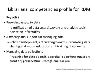 Librarians’	
  competencies	
  proﬁle	
  for	
  RDM
Key	
  roles	
  
• Providing	
  access	
  to	
  data	
  
–Iden8ﬁca8on	
  of	
  data	
  sets;	
  discovery	
  and	
  analy8c	
  tools;	
  
advice	
  on	
  informa8cs	
  
• Advocacy	
  and	
  support	
  for	
  managing	
  data	
  
–Policy	
  development;	
  ar8cula8ng	
  beneﬁts;	
  promo8ng	
  data	
  
sharing	
  and	
  reuse;	
  educa8on	
  and	
  training;	
  data	
  audits	
  
• Managing	
  data	
  collec8ons	
  
–Preparing	
  for	
  data	
  deposit;	
  appraisal;	
  selec8on;	
  inges8on;	
  
cura8on;	
  preserva8on;	
  storage	
  and	
  backup
Based on ARL draft distributed at CNI conference, St Louis, April 2014
 