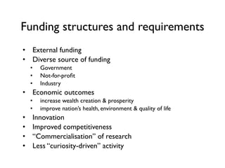 Funding structures and requirements
• External funding!
• Diverse source of funding!
• Government!
• Not-for-proﬁt!
• Industry!
• Economic outcomes!
• increase wealth creation & prosperity!
• improve nation’s health, environment & quality of life!
• Innovation!
• Improved competitiveness!
• “Commercialisation” of research!
• Less “curiosity-driven” activity
 