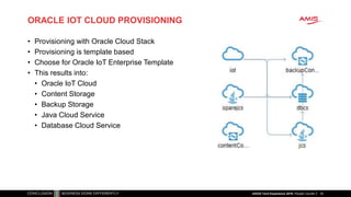 ORACLE IOT CLOUD PROVISIONING
• Provisioning with Oracle Cloud Stack
• Provisioning is template based
• Choose for Oracle IoT Enterprise Template
• This results into:
• Oracle IoT Cloud
• Content Storage
• Backup Storage
• Java Cloud Service
• Database Cloud Service
30nlOUG Tech Experience 2018: People Counter
 