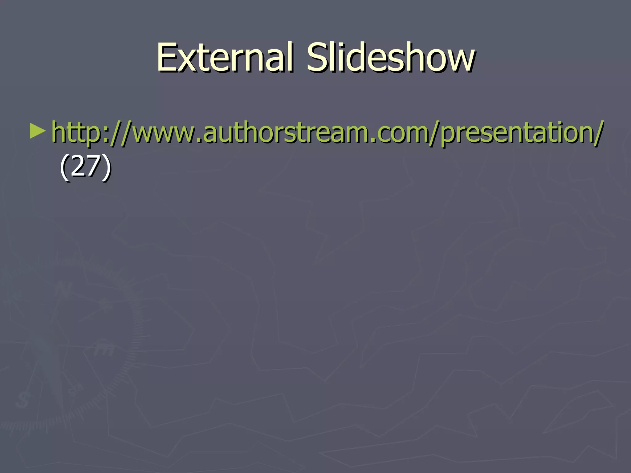 External Slideshow http://www.authorstream.com/presentation/Esteban-22479-ekaw2006-tutorial-Aims-Terminology-Semantic-Annotation-Motivation-Challenge-Web-Metadata-ext-as-Entertainment-ppt-powerpoint/ (27) 