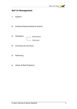 NLP In Management
1.

Rapport.

2.

Preferred Representational System.

3.

Strategies:

Motivation.
Decision.

4.

Chunking Up and Down.

5.

Reframing.

6.

Values & Meta Programs.

© Gerry Murray & Bryce Redford

31

 