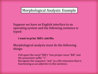 Morphological Analysis: Example

Suppose we have an English interface to an
operating system and the following sentence is
typed:
I want to print Bill’s .init file.

Morphological analysis must do the following
things:
Pull apart the word “Bill’s” into proper noun “Bill” and
the possessive suffix “’s”
Recognize the sequence “.init” as a file extension that is
functioning as an adjective in the sentence.

 
