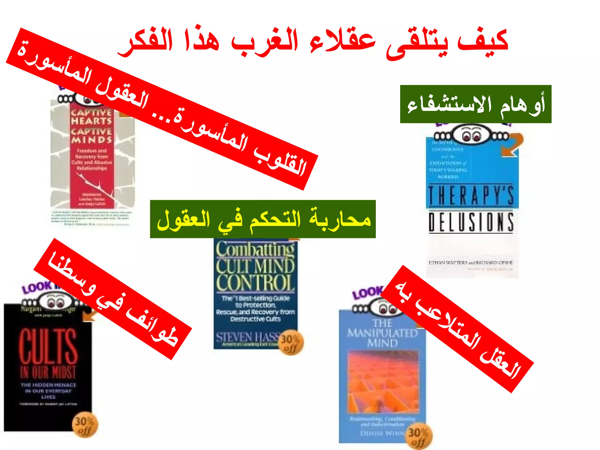 كيف يتلقى عقلء الغرب هذا الفكر 
أوهام الستتشفاء 
القلوب المأستورة... العقول المأستورة 
محاربة التحكم في العقول 
طوائف في وستطنا 
العقل المتلعب به 
 
