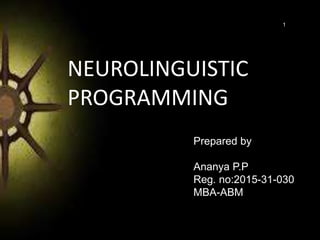 PREPARED BY
ANANYA P P
MBA-ABM
REG NO:2015-31-030
NEUROLINGUISTIC
PROGRAMMING
Prepared by
Ananya P.P
Reg. no:2015-31-030
M...