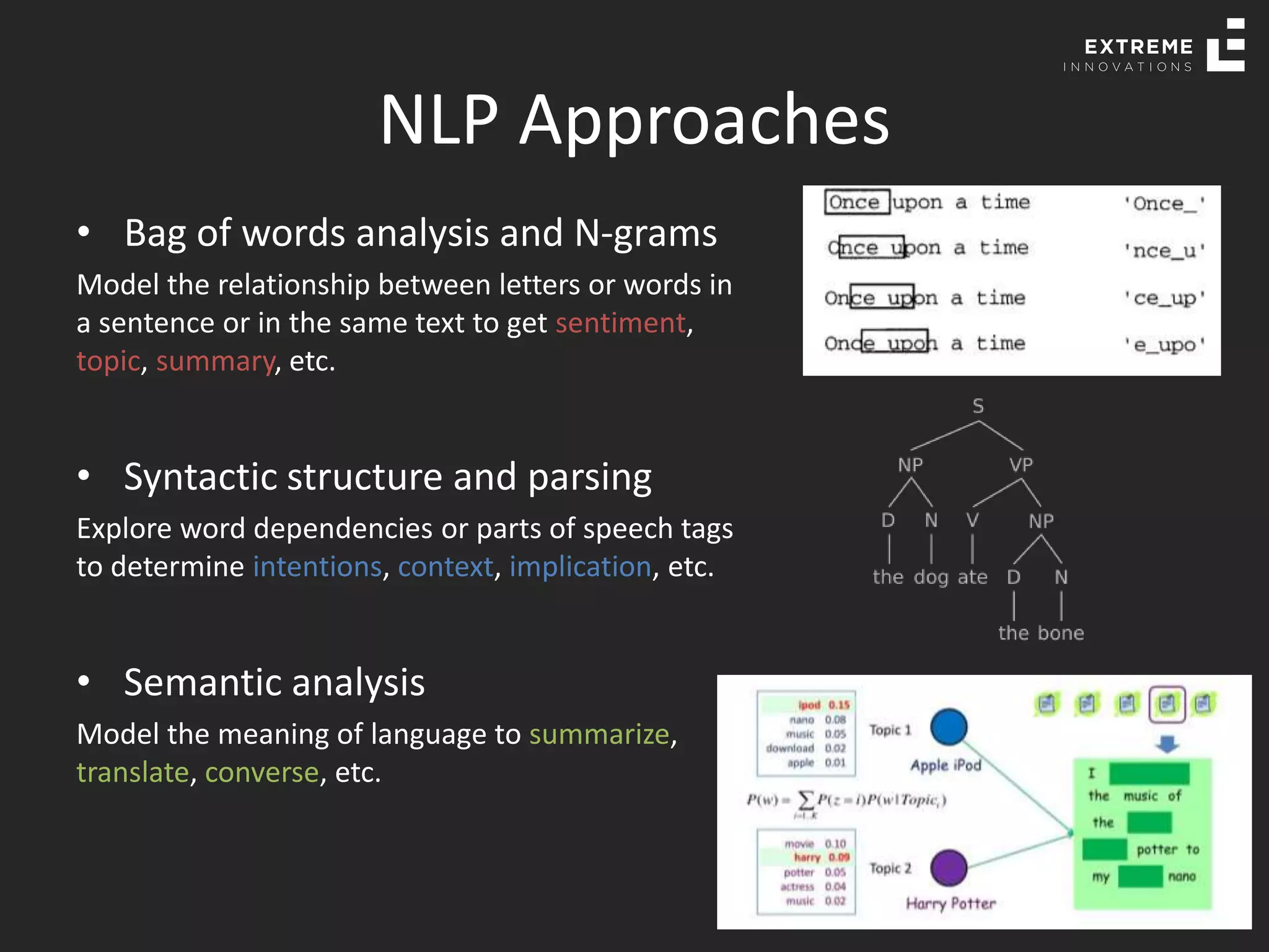 NLP Approaches
• Bag of words analysis and N-grams
Model the relationship between letters or words in
a sentence or in the same text to get sentiment,
topic, summary, etc.
• Syntactic structure and parsing
Explore word dependencies or parts of speech tags
to determine intentions, context, implication, etc.
• Semantic analysis
Model the meaning of language to summarize,
translate, converse, etc.
 