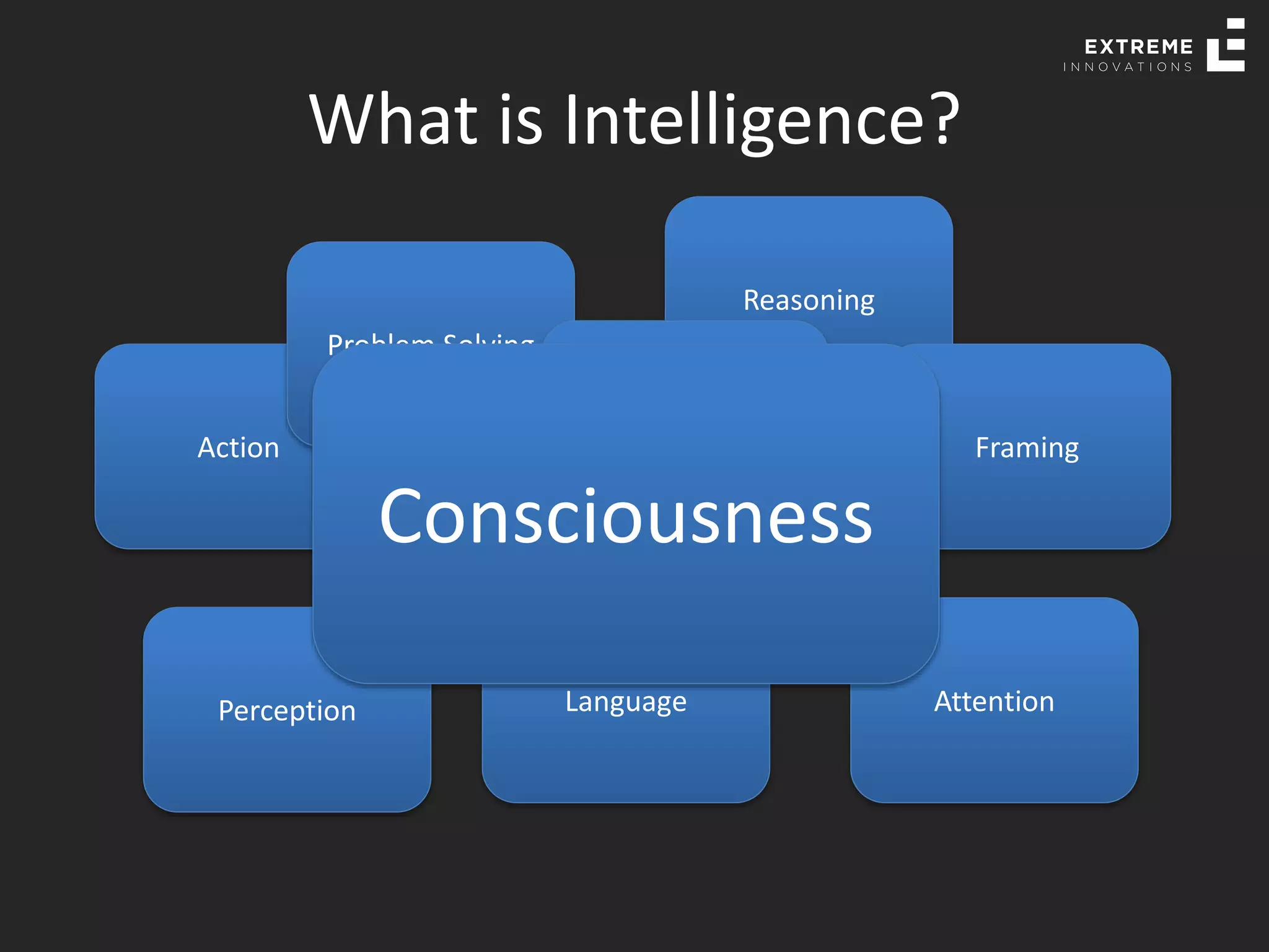 What is Intelligence?
Perception
Action
Problem Solving
Language
Thinking
Reasoning
Attention
Framing
Representations
Consciousness
 
