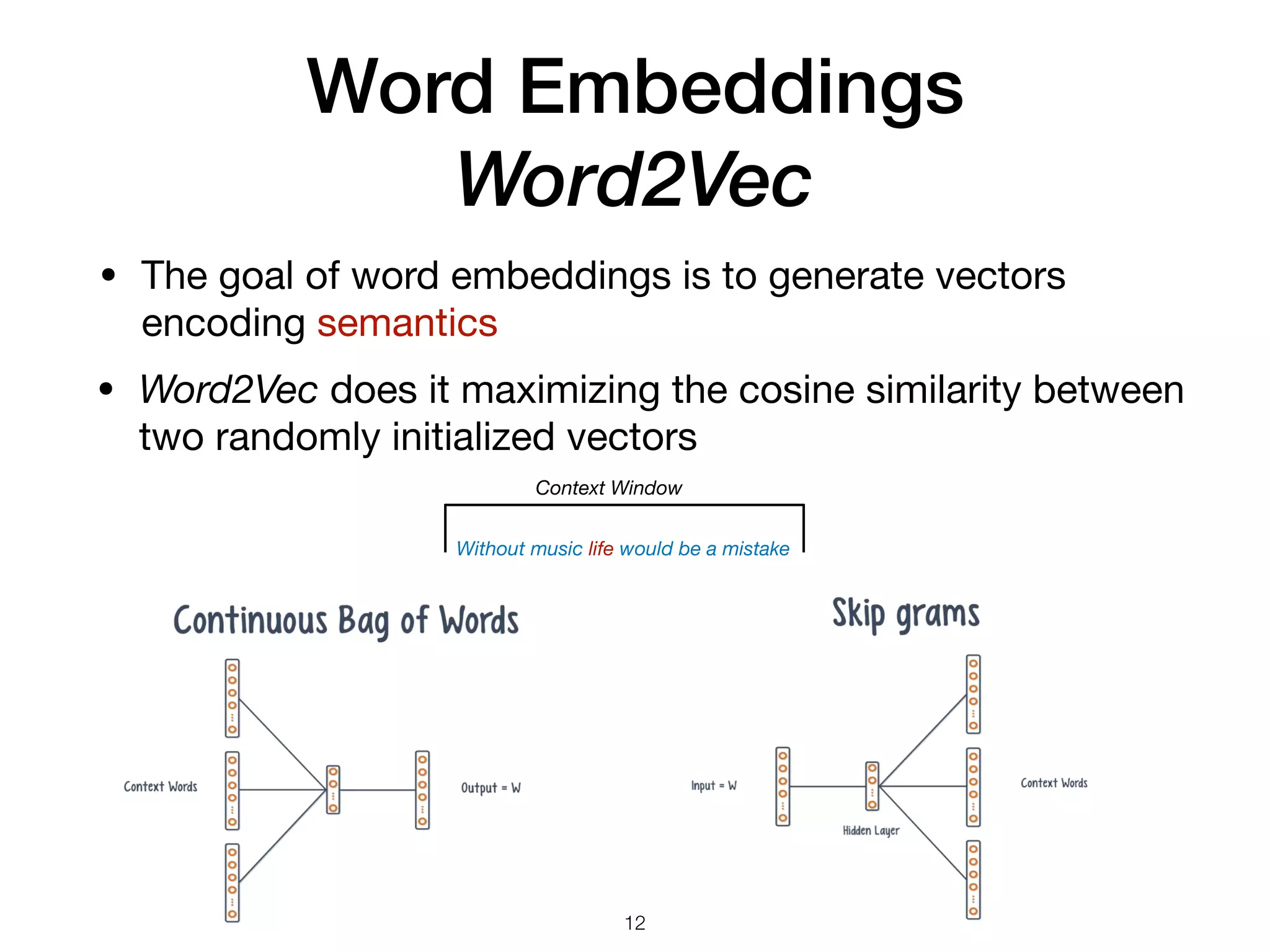 Word Embeddings
Word2Vec
• The goal of word embeddings is to generate vectors
encoding semantics
12
• Word2Vec does it maximizing the cosine similarity between
two randomly initialized vectors
Context Window
Without music life would be a mistake
 