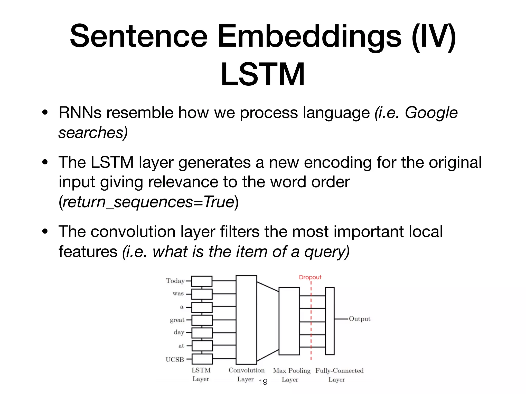 Sentence Embeddings (IV)
LSTM
• RNNs resemble how we process language (i.e. Google
searches)

• The LSTM layer generates a new encoding for the original
input giving relevance to the word order
(return_sequences=True) 

• The convolution layer ﬁlters the most important local
features (i.e. what is the item of a query)
19
 