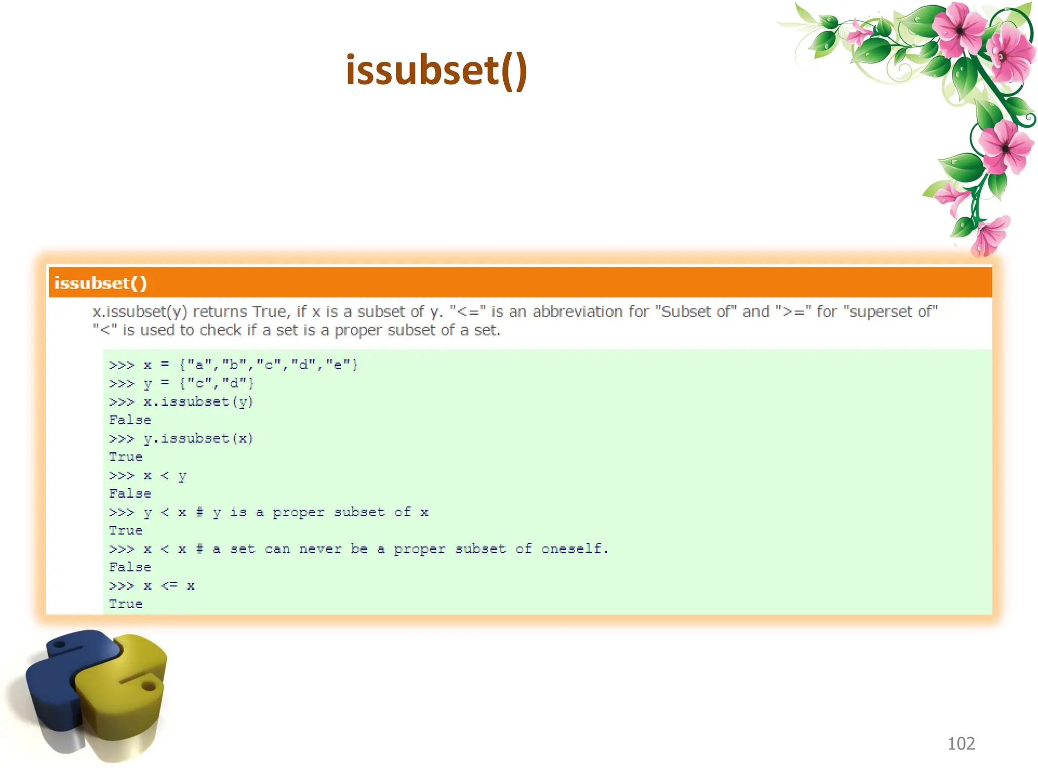 issubset() 102 