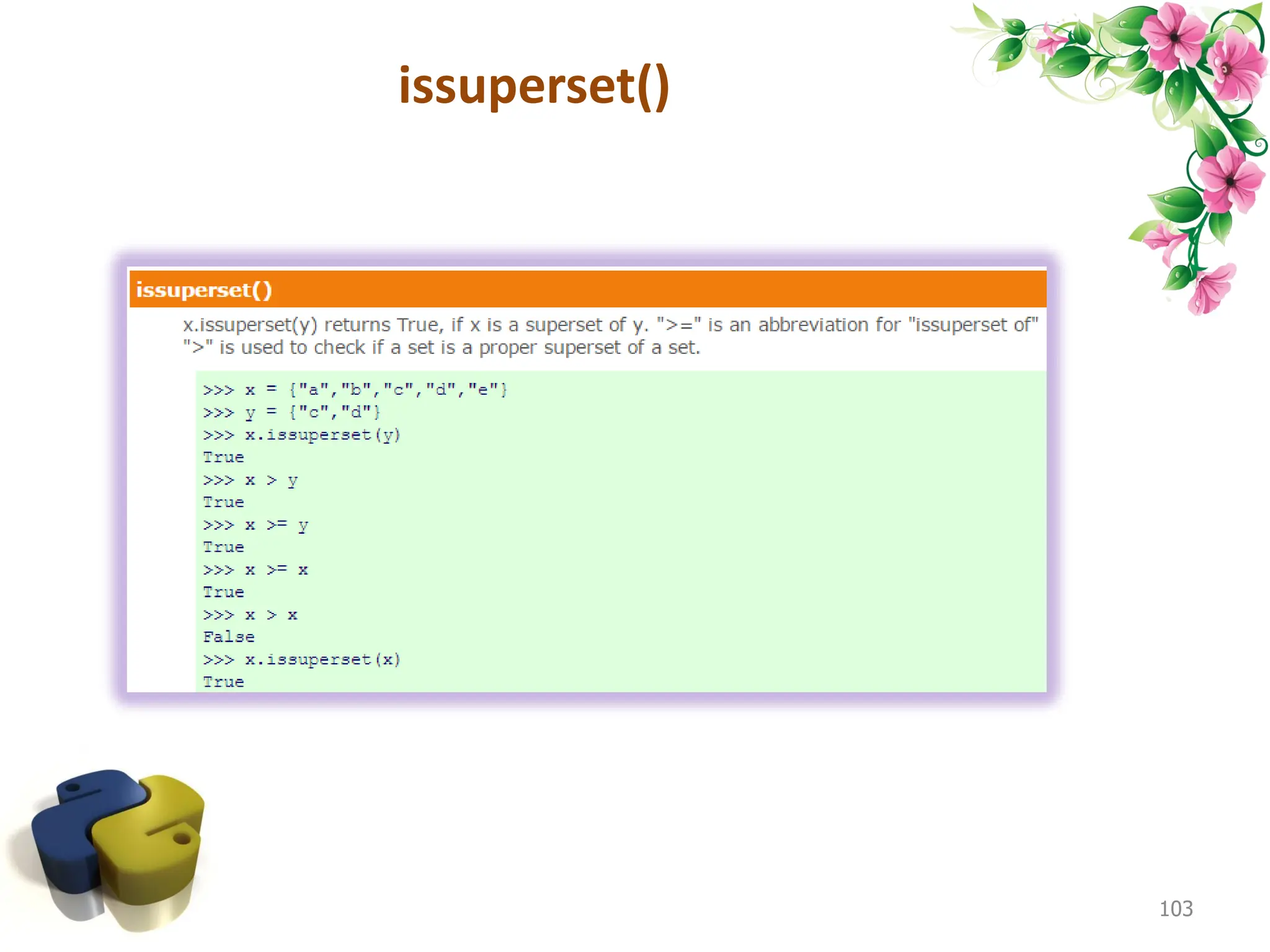 issuperset() 103 