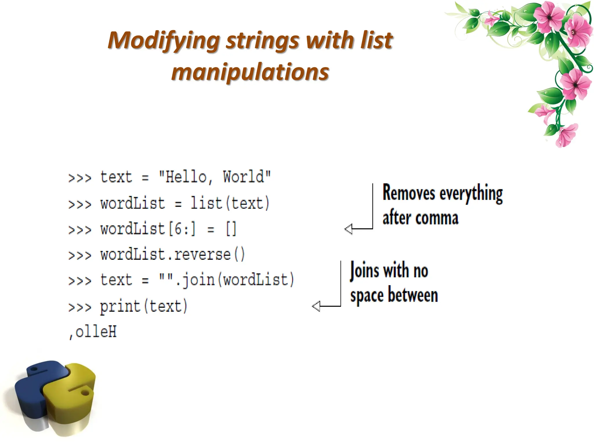 Modifying strings with list manipulations 