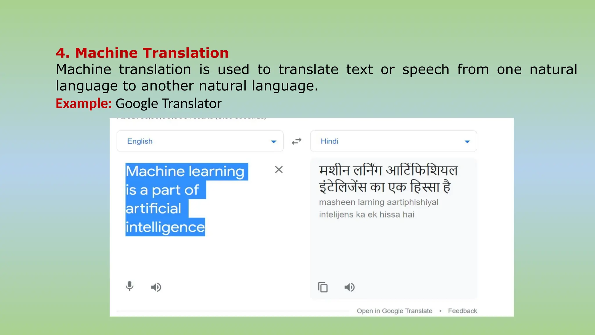 4. Machine Translation
Machine translation is used to translate text or speech from one natural
language to another natural language.
Example: Google Translator
 