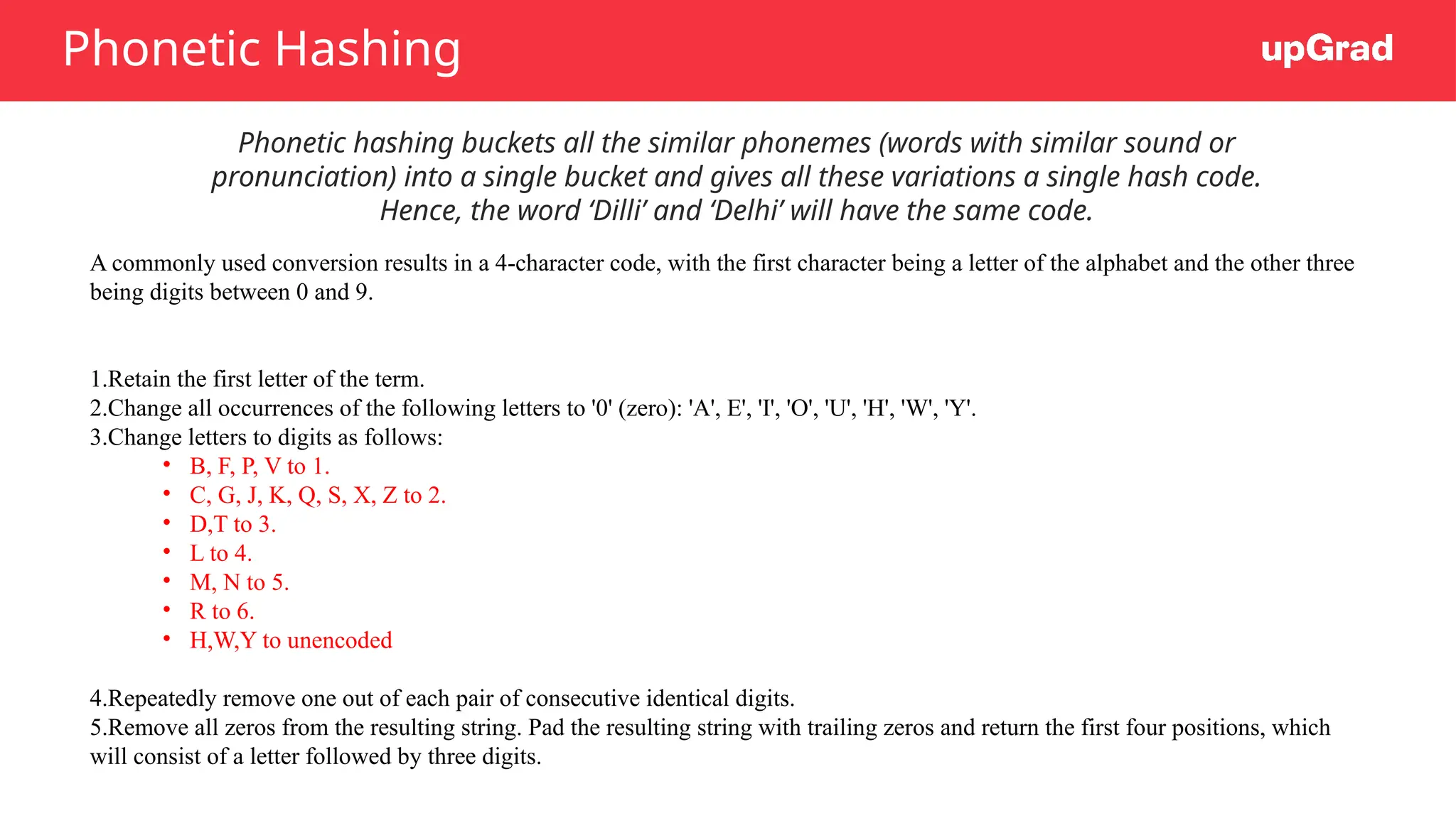 Phonetic Hashing
Phonetic hashing buckets all the similar phonemes (words with similar sound or
pronunciation) into a single bucket and gives all these variations a single hash code.
Hence, the word ‘Dilli’ and ‘Delhi’ will have the same code.
A commonly used conversion results in a 4-character code, with the first character being a letter of the alphabet and the other three
being digits between 0 and 9.
1.Retain the first letter of the term.
2.Change all occurrences of the following letters to '0' (zero): 'A', E', 'I', 'O', 'U', 'H', 'W', 'Y'.
3.Change letters to digits as follows:
• B, F, P, V to 1.
• C, G, J, K, Q, S, X, Z to 2.
• D,T to 3.
• L to 4.
• M, N to 5.
• R to 6.
• H,W,Y to unencoded
4.Repeatedly remove one out of each pair of consecutive identical digits.
5.Remove all zeros from the resulting string. Pad the resulting string with trailing zeros and return the first four positions, which
will consist of a letter followed by three digits.
 