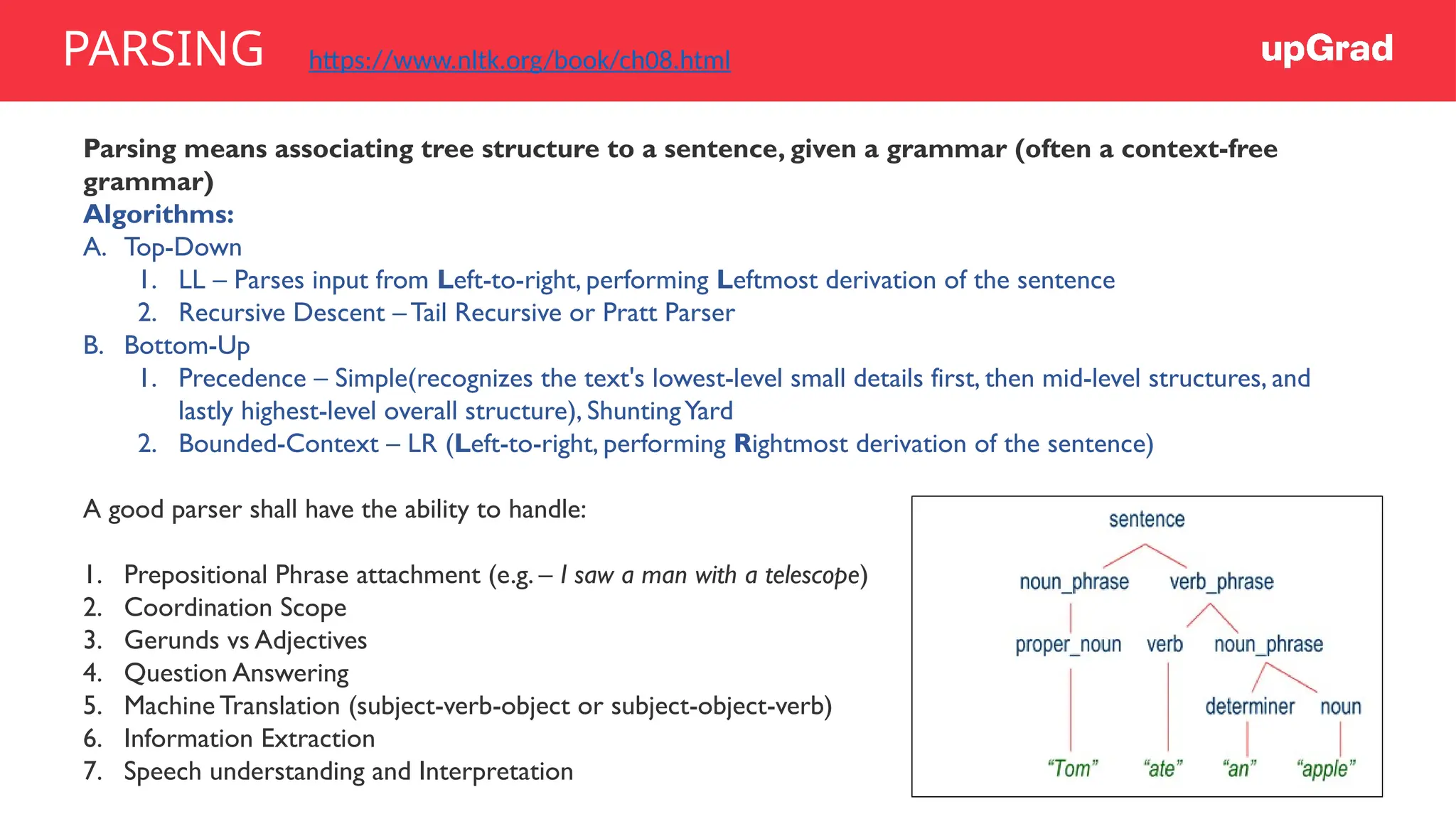 Parsing means associating tree structure to a sentence, given a grammar (often a context-free
grammar)
Algorithms:
A. Top-Down
1. LL – Parses input from Left-to-right, performing Leftmost derivation of the sentence
2. Recursive Descent –Tail Recursive or Pratt Parser
B. Bottom-Up
1. Precedence – Simple(recognizes the text's lowest-level small details first, then mid-level structures, and
lastly highest-level overall structure), ShuntingYard
2. Bounded-Context – LR (Left-to-right, performing Rightmost derivation of the sentence)
A good parser shall have the ability to handle:
1. Prepositional Phrase attachment (e.g. – I saw a man with a telescope)
2. Coordination Scope
3. Gerunds vs Adjectives
4. Question Answering
5. Machine Translation (subject-verb-object or subject-object-verb)
6. Information Extraction
7. Speech understanding and Interpretation
PARSING https://www.nltk.org/book/ch08.html
 