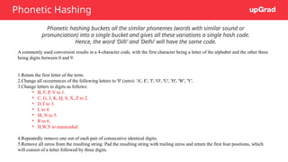 Phonetic Hashing
Phonetic hashing buckets all the similar phonemes (words with similar sound or
pronunciation) into a single bucket and gives all these variations a single hash code.
Hence, the word ‘Dilli’ and ‘Delhi’ will have the same code.
A commonly used conversion results in a 4-character code, with the first character being a letter of the alphabet and the other three
being digits between 0 and 9.
1.Retain the first letter of the term.
2.Change all occurrences of the following letters to '0' (zero): 'A', E', 'I', 'O', 'U', 'H', 'W', 'Y'.
3.Change letters to digits as follows:
• B, F, P, V to 1.
• C, G, J, K, Q, S, X, Z to 2.
• D,T to 3.
• L to 4.
• M, N to 5.
• R to 6.
• H,W,Y to unencoded
4.Repeatedly remove one out of each pair of consecutive identical digits.
5.Remove all zeros from the resulting string. Pad the resulting string with trailing zeros and return the first four positions, which
will consist of a letter followed by three digits.
 