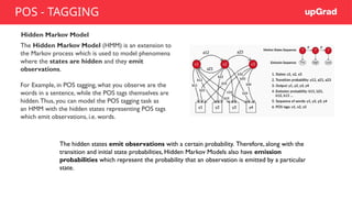 Hidden Markov Model
The Hidden Markov Model (HMM) is an extension to
the Markov process which is used to model phenomena
where the states are hidden and they emit
observations.
For Example, in POS tagging, what you observe are the
words in a sentence, while the POS tags themselves are
hidden.Thus, you can model the POS tagging task as
an HMM with the hidden states representing POS tags
which emit observations, i.e. words.
The hidden states emit observations with a certain probability. Therefore, along with the
transition and initial state probabilities, Hidden Markov Models also have emission
probabilities which represent the probability that an observation is emitted by a particular
state.
POS - TAGGING
 
