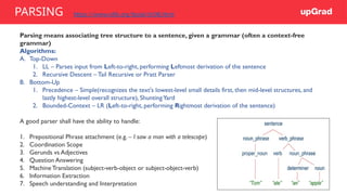 Parsing means associating tree structure to a sentence, given a grammar (often a context-free
grammar)
Algorithms:
A. Top-Down
1. LL – Parses input from Left-to-right, performing Leftmost derivation of the sentence
2. Recursive Descent –Tail Recursive or Pratt Parser
B. Bottom-Up
1. Precedence – Simple(recognizes the text's lowest-level small details first, then mid-level structures, and
lastly highest-level overall structure), ShuntingYard
2. Bounded-Context – LR (Left-to-right, performing Rightmost derivation of the sentence)
A good parser shall have the ability to handle:
1. Prepositional Phrase attachment (e.g. – I saw a man with a telescope)
2. Coordination Scope
3. Gerunds vs Adjectives
4. Question Answering
5. Machine Translation (subject-verb-object or subject-object-verb)
6. Information Extraction
7. Speech understanding and Interpretation
PARSING https://www.nltk.org/book/ch08.html
 