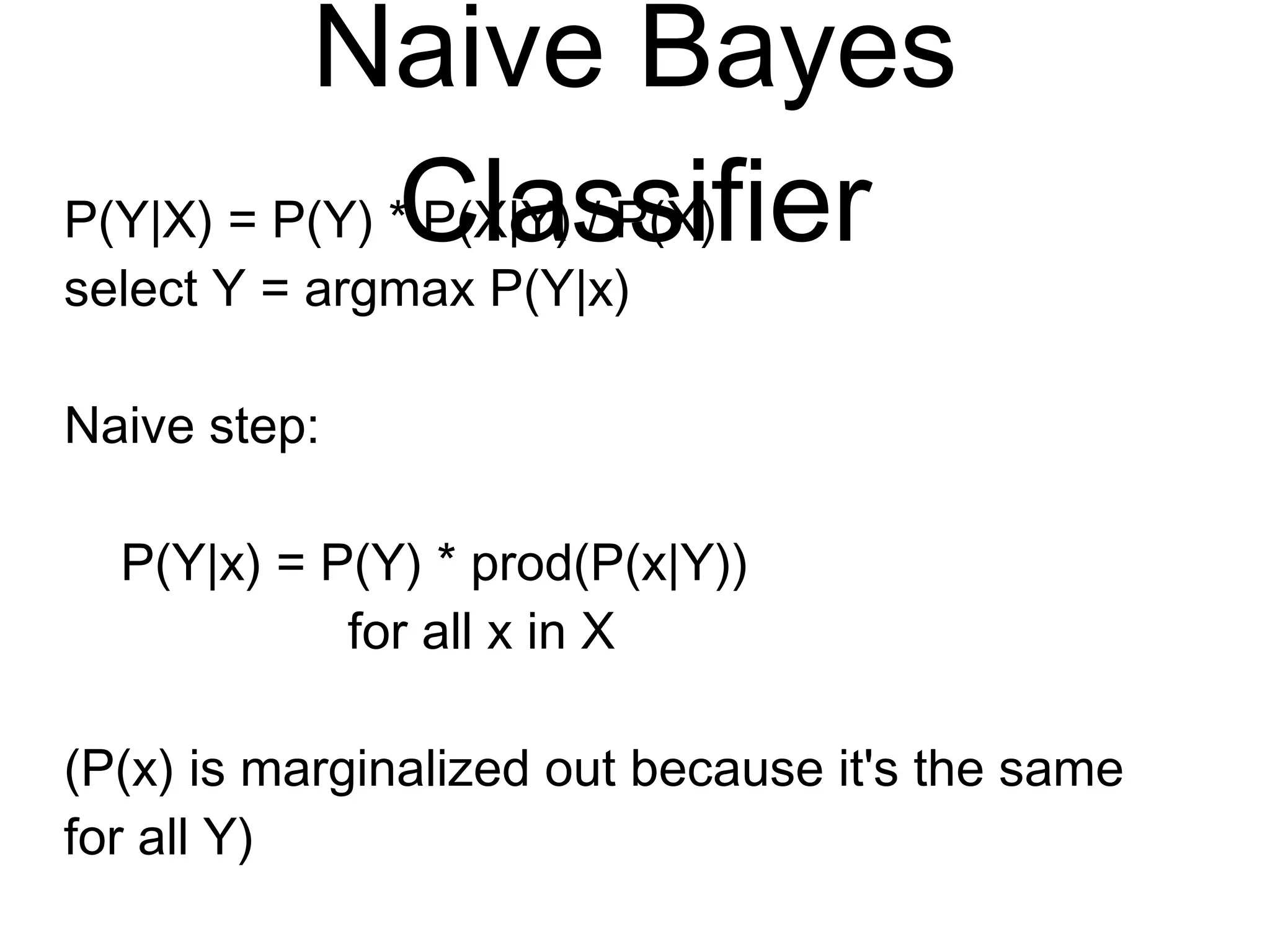 Naive Bayes
Classifier
P(Y|X) = P(Y) * P(X|Y) / P(X)
select Y = argmax P(Y|x)
Naive step:
P(Y|x) = P(Y) * prod(P(x|Y))
for all x in X
(P(x) is marginalized out because it's the
same for all Y)
 