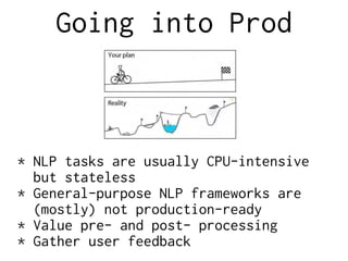 Going into Prod
* NLP tasks are usually CPU-intensive
but stateless
* General-purpose NLP frameworks are
(mostly) not prod...