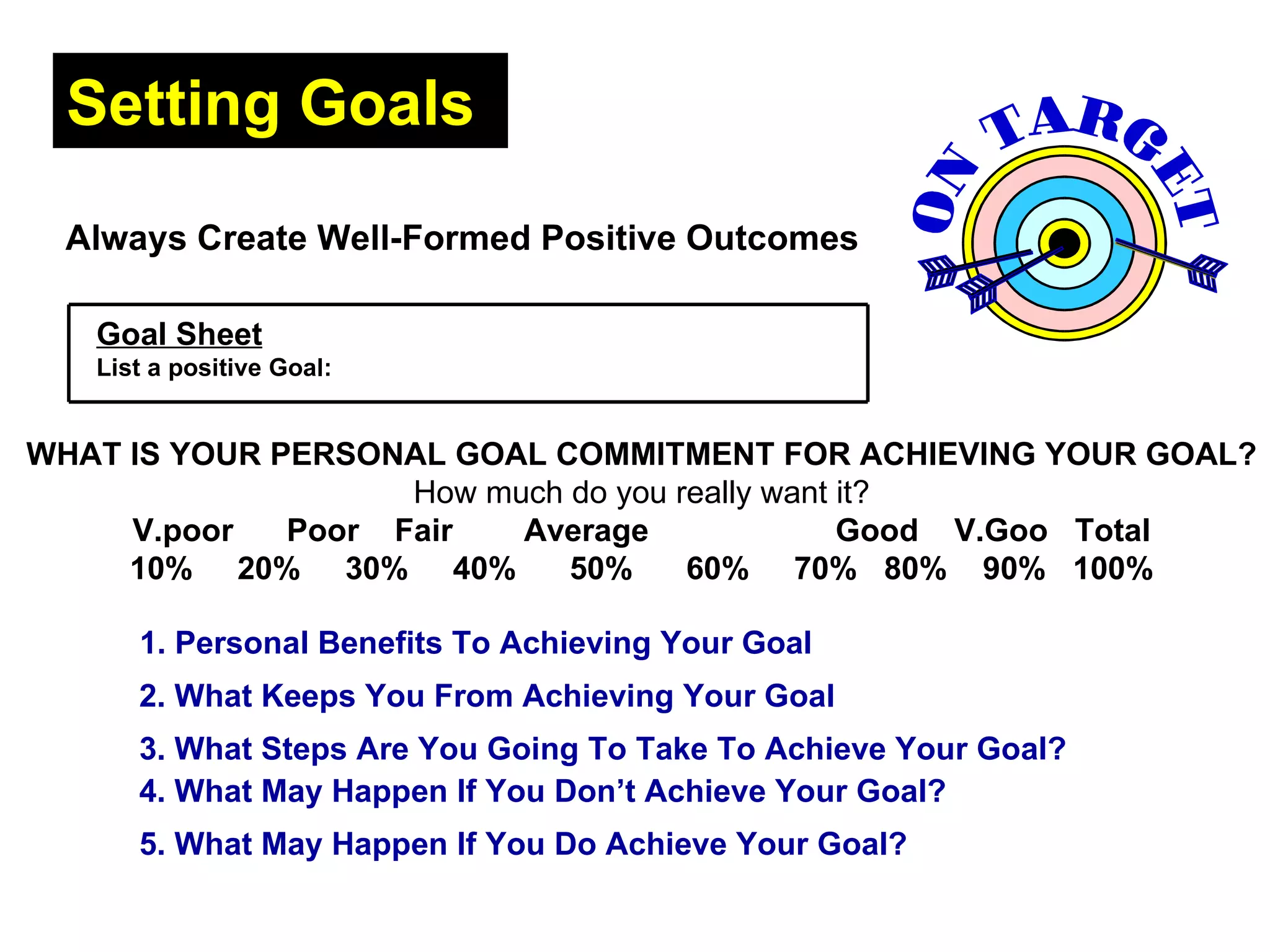 Setting Goals   Always Create Well-Formed Positive Outcomes Goal Sheet List a positive Goal: WHAT IS YOUR PERSONAL GOAL COMMITMENT FOR ACHIEVING YOUR GOAL? How much do you really want it? V.poor  Poor  Fair  Average  Good  V.Goo  Total 10%  20%  30%  40%  50%  60%  70%  80%  90%  100% 1. Personal Benefits To Achieving Your Goal   2. What Keeps You From Achieving Your Goal   3. What Steps Are You Going To Take To Achieve Your Goal?   4. What May Happen If You Don’t Achieve Your Goal?   5. What May Happen If You Do Achieve Your Goal?   