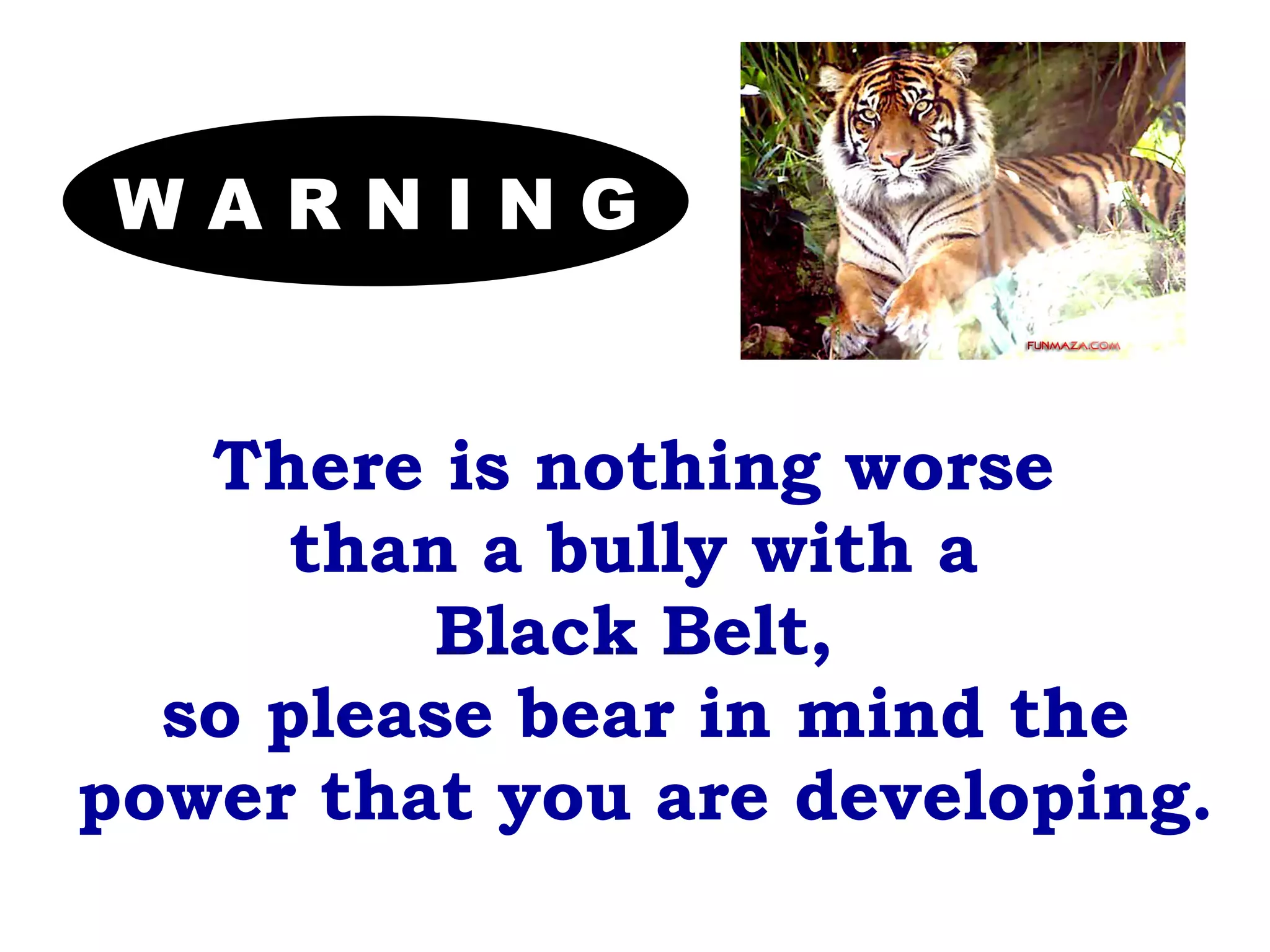 There is nothing worse  than a bully with a  Black Belt,  so please bear in mind the power that you are developing. W A R N I N G 