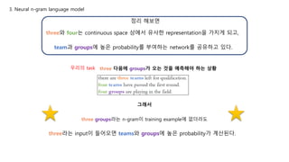 3. Neural n-gram language model
three와 four는 continuous space 상에서 유사한 representation을 가지게 되고,
team과 groups에 높은 probability를 부여하는 network를 공유하고 있다.
정리 해보면
three 다음에 groups가 오는 것을 예측해야 하는 상황우리의 task
three groups라는 n-gram이 training example에 없더라도
three라는 input이 들어오면 teams와 groups에 높은 probability가 계산된다.
그래서
 