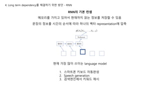 RNN의 기본 컨셉
4. Long term dependency를 해결하기 위한 방안 - RNN
메모리를 가지고 있어서 현재까지 읽는 정보를 저장할 수 있음
문장의 정보를 시간의 순서에 따라 하나의 벡터 representation에 압축
현재 가장 많이 쓰이는 language model
1. 스마트폰 키보드 자동완성
2. Speech generation
3. 검색엔진에서 키워드 제시
 